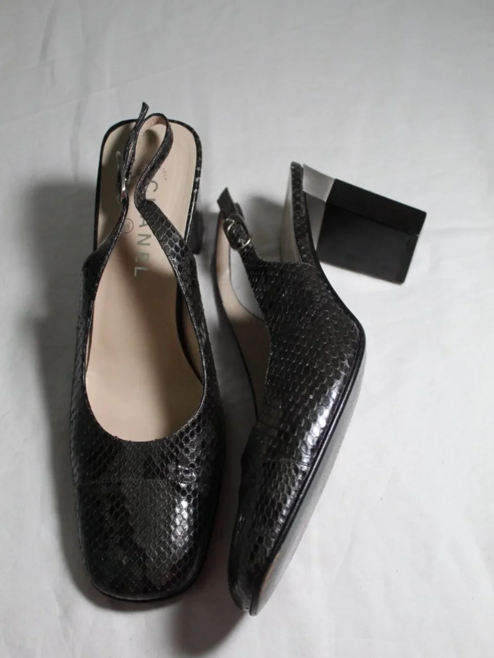Chanel Vintage Snakeskin Print Cap Toe Slingback Heels Square Toe Pumps 40